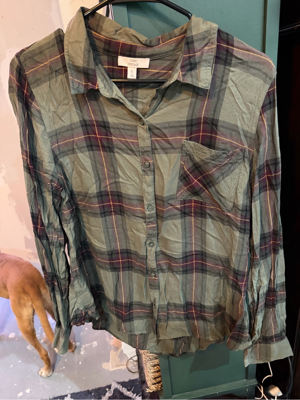 Como Vintage Green Plaid Button-Down Shirt with Navy and Burgundy Accents